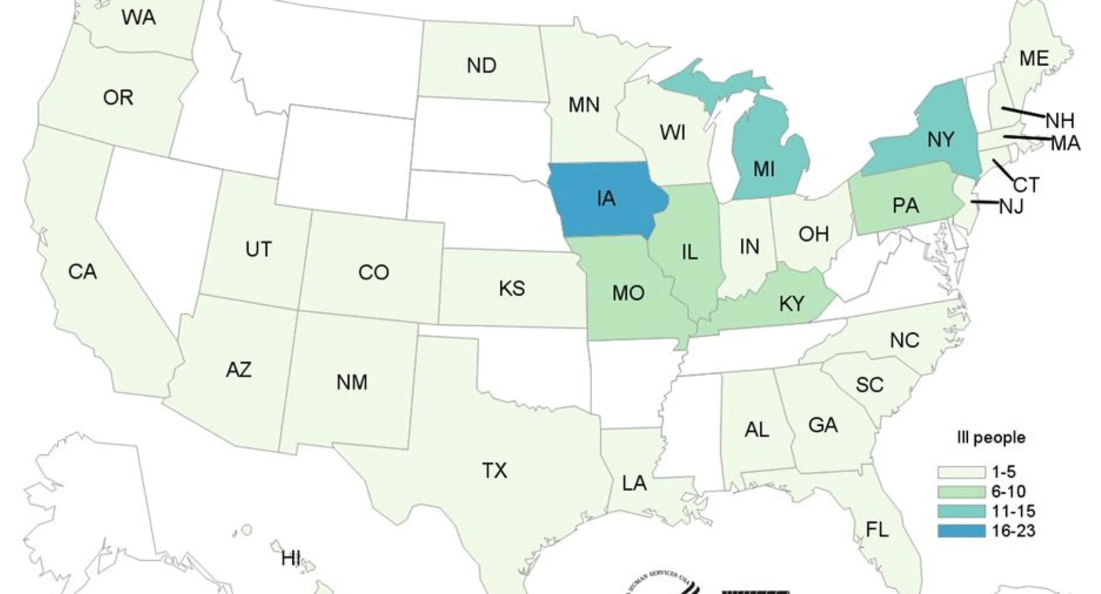 CDC's map of the US recording Salmonella cases